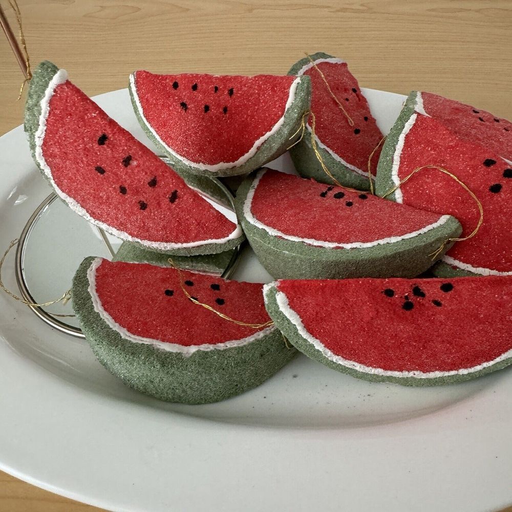 Vintage Handmade Watermelon Slice Ornaments Set of 8 Sugared Fruit Decor Cottage - Picture 5 of 9